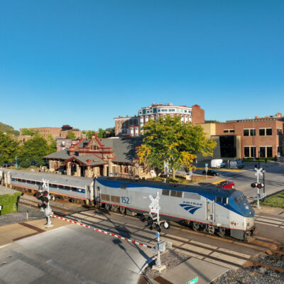 Photo of Amtrak train sitting at the depot in Red Wing, MN. Travel easy to Red Wing.