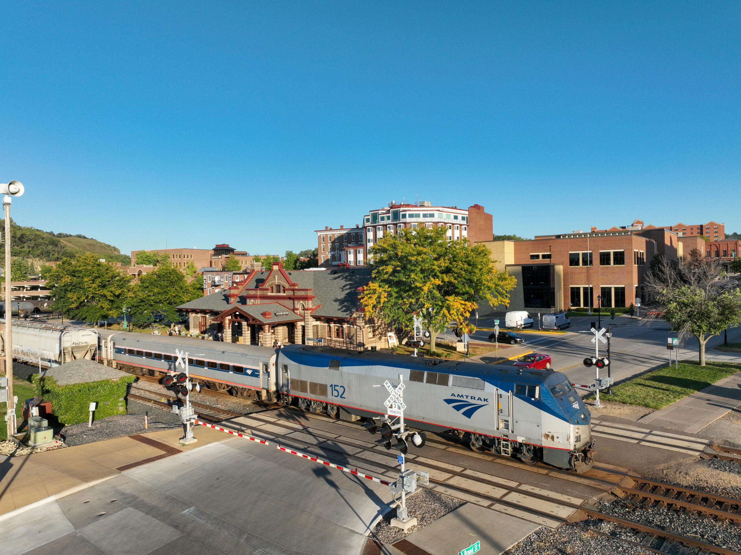 Photo of Amtrak train sitting at the depot in Red Wing, MN. Travel easy to Red Wing.