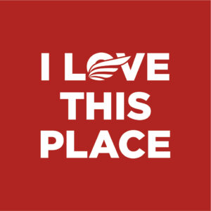 Red Wing Minnesota "I love this place" logo 2025. Red background with white lettering