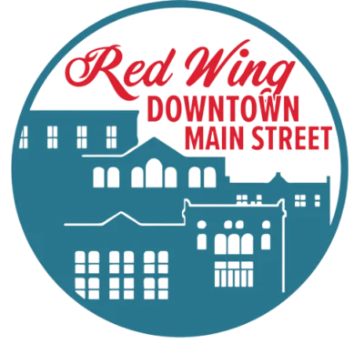 Downtown Main Street Red Wing, MN. The official logo in teal blue and red.