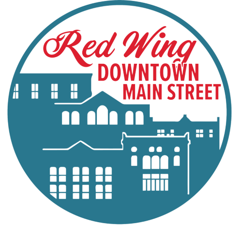 Downtown Main Street Red Wing, MN. The official logo in teal blue and red.