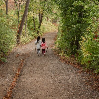two girls walking on a hiking path in Red WIng, MN