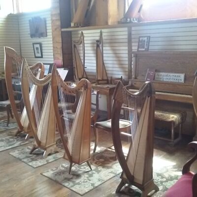 A collection of hand crafted harps on display at Stoney End Harps in Red Wing MN