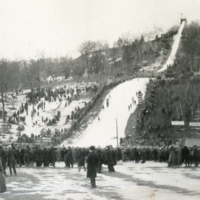 All American Ski Jump hill in the early 1900s -black and white photo