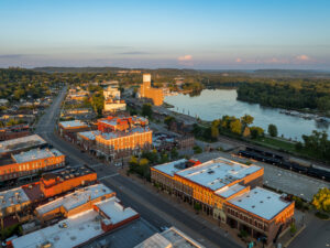 aerial photo of the St James Hotel with it's new facade looking north, Mississippi River view