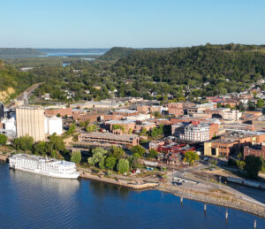 aerial photo of Red Wing MN with a commercial river boat 